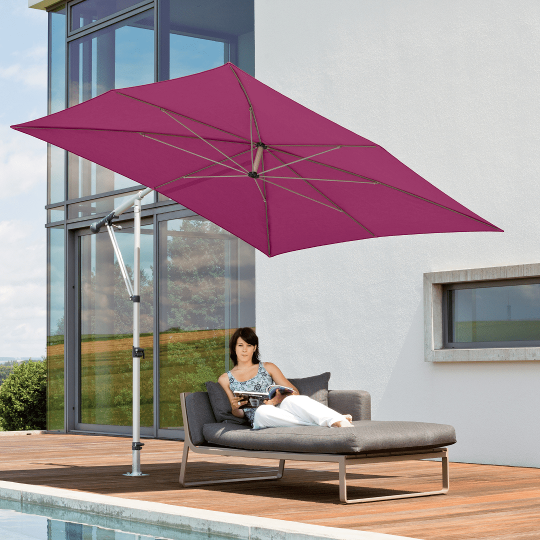 May Mezzo Sonnenschirm, Freiarmschirm, Ampelschirm - Farbe Weinrot | Stoffart Poly | Volant optional | verschiedene Größen Sichtschutz