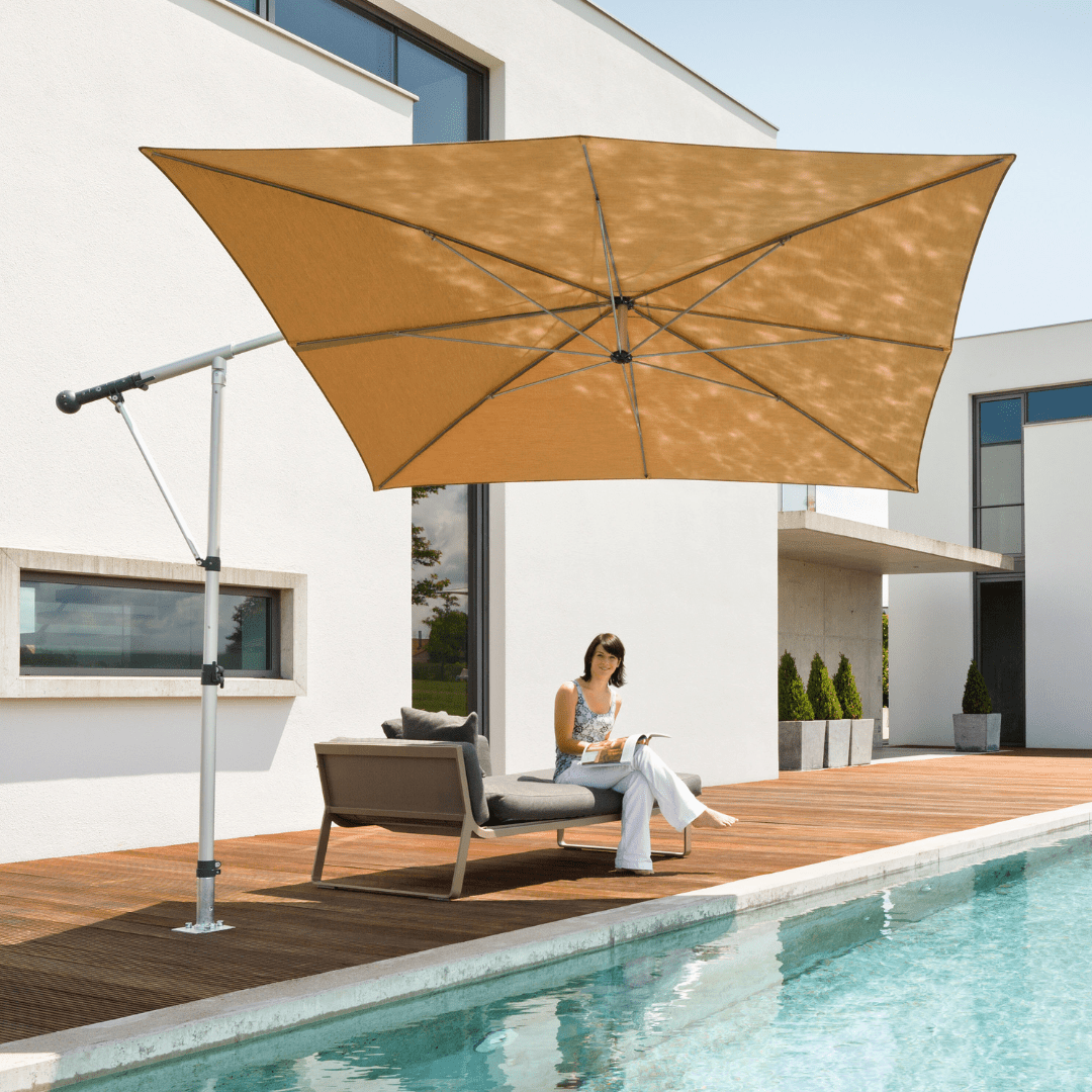 May Mezzo Sonnenschirm, Freiarmschirm, Ampelschirm - Farbe Weinrot | Stoffart Poly | Volant optional | verschiedene Größen Sichtschutz