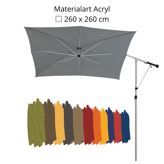 May Mezzo Sonnenschirm, Freiarmschirm, Ampelschirm - Quadratisch | 260 x 260 cm | Stoffart Acryl | Volant optional | viele Farben Sichtschutz