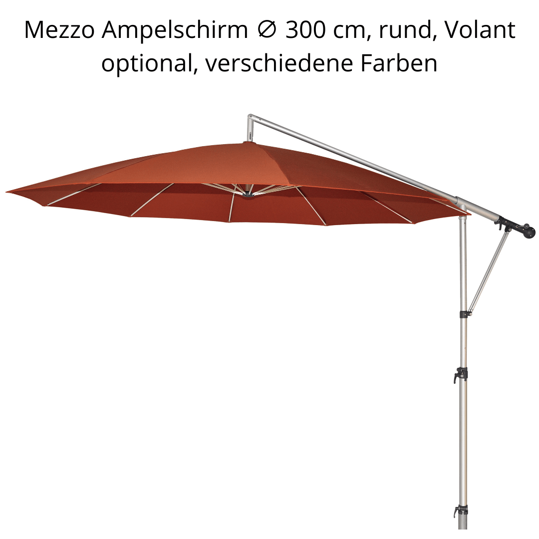 May Mezzo Sonnenschirm, Freiarmschirm, Ampelschirm - Rund | ∅ 300 cm | Stoffart Poly | Volant optional | viele Farben Sichtschutz