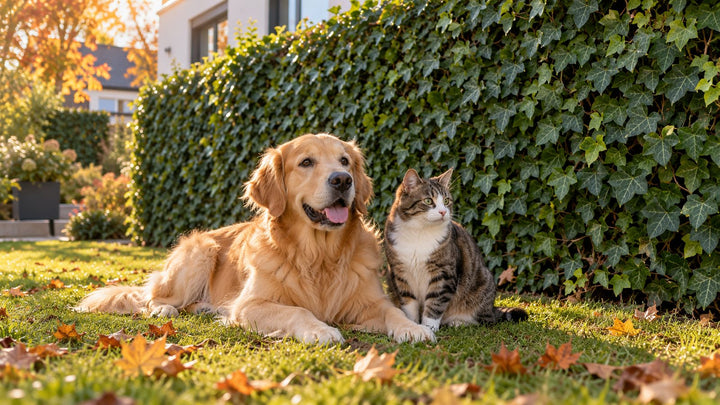 Efeuhecke als Sichtschutz im Garten mit Hund und Katze