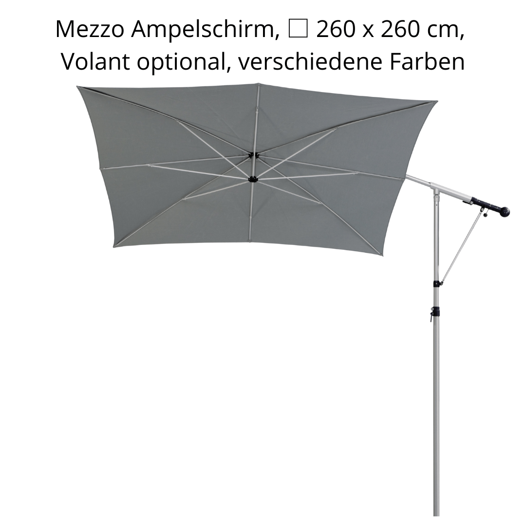 May Mezzo Sonnenschirm, Freiarmschirm, Ampelschirm - Quadratisch | 260 x 260 cm | Stoffart Poly | Volant optional | viele Farben Sichtschutz