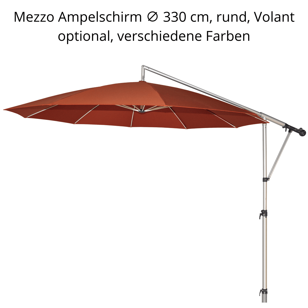 May Mezzo Sonnenschirm, Freiarmschirm, Ampelschirm - Rund | ∅ 330 cm | Stoffart Poly | Volant optional | viele Farben Sichtschutz